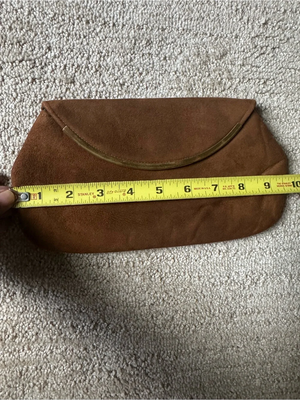Vintage Brown Suede Envelope Clutch Handbag Gold Tone Accent Bar Metal Clasp